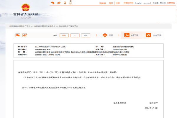 吉林?。骸都恿χС执笠?guī)模設(shè)備更新和消費(fèi)品以舊換新實施方案》發(fā)布