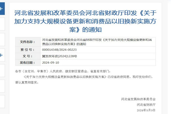 河北省《加力支持大規(guī)模設(shè)備更新和消費(fèi)品以舊換新實施方案》發(fā)布