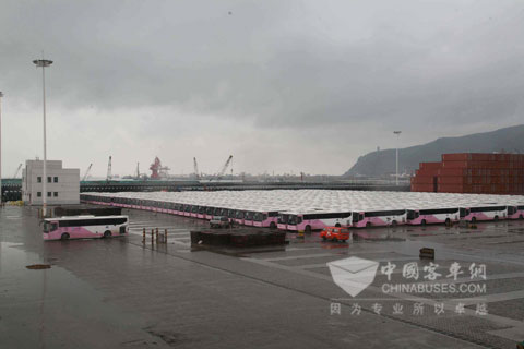 在港口等待裝船的安凱客車